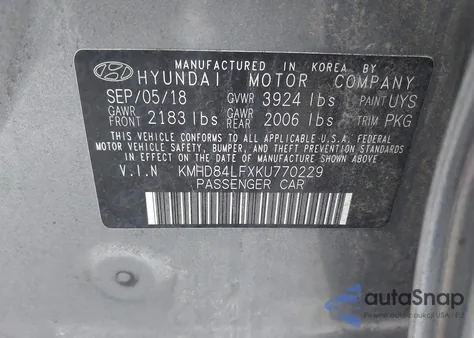 2019 Hyundai Elantra Sel из США, поврежденный, VIN KMHD84LFXKU770229